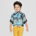 Genuine Kids From Oshkosh Toddler Boys' Long Sleeve Twin Print Plaid Woven Button-down Shirt - Teal 12m, Boy's, Blue