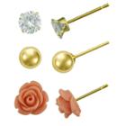 Target Girls' Gold Over Sterling Silver 3 Pr-cubic Zirconia/ball/rose Stud Earring