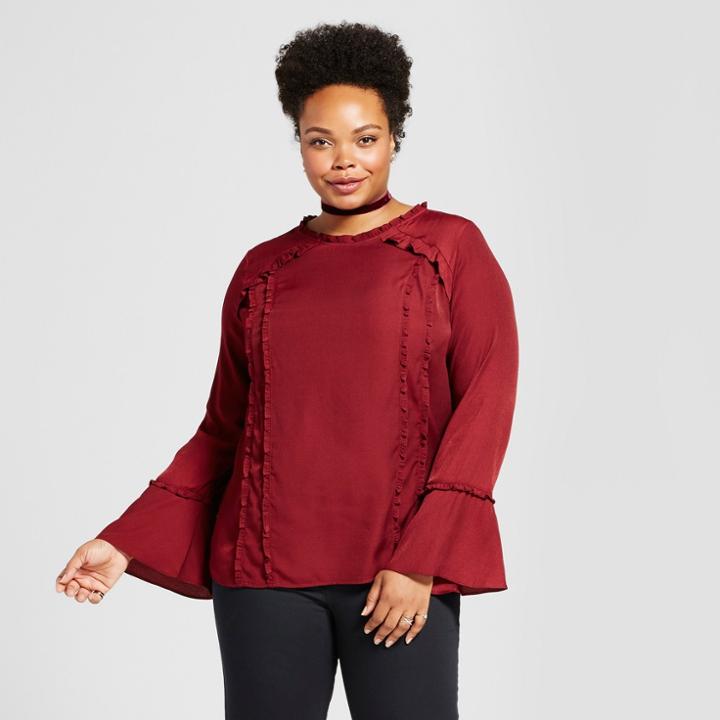 Women's Plus Size Ruffle Trim Blouse - Ava & Viv Red