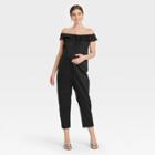 The Nines By Hatch Flounce Short Sleeve Off The Shoulder Button-front Maternity Jumpsuit Black