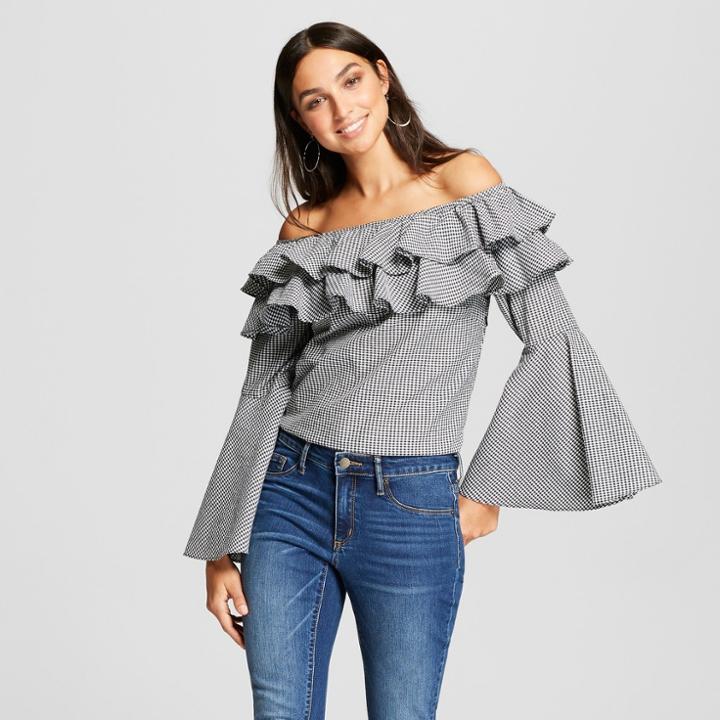 Women's Long Sleeve Ruffle Off The Shoulder Gingham Blouse - Alison Andrews White/black
