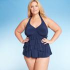 Women's Plus Size Ruffle Halter Tankini Top - Aqua Green Navy 16w, Women's, Blue