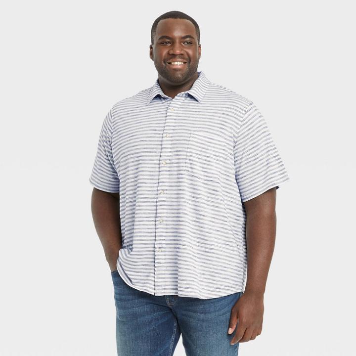 Men's Tall Striped Standard Fit Short Sleeve Button-down Shirt - Goodfellow & Co Off-white/striped