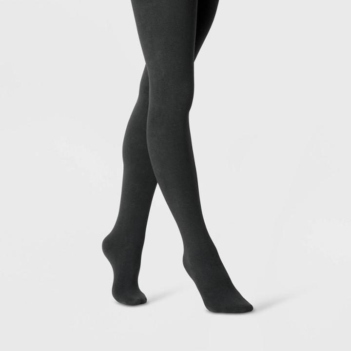 Women's Flat Knit Fleece Lined Tights - A New Day Black