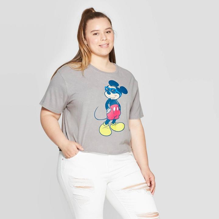 Women's Disney Mickey In Sunglasses Plus Size Short Sleeve Graphic T-shirt (juniors') - Gray