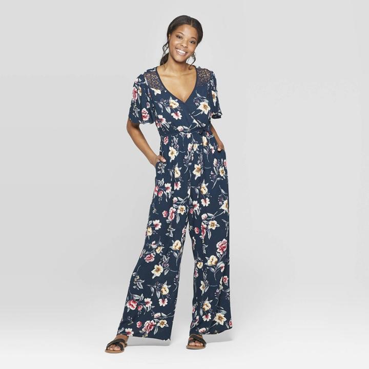 Women's Floral Print Short Sleeve Deep V-neck Lace Shoulder Cropped Jumpsuit - Xhilaration Blue