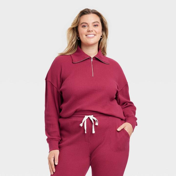 Women's Plus Size Waffle Knit Quarter Zip Sweatshirt - Universal Thread Red