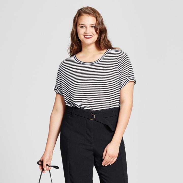 Women's Plus Size Rib Trim Elbow Sleeve T-shirt - Who What Wear Black/white 2x,
