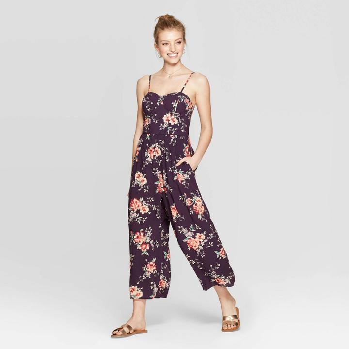Women's Floral Print Sleeveless Strappy Bra Cup Jumpsuit - Xhilaration Wine