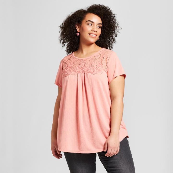 Women's Plus Size Short Sleeve Crochet Front Knit Top - Xhilaration Peach (pink) X