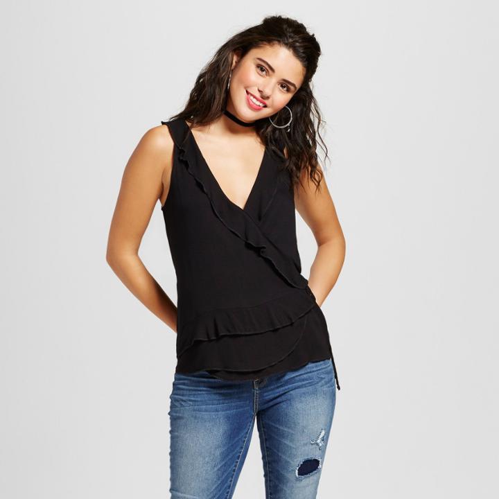 Women's Printed Ruffle V-neck Tank - Xhilaration (juniors') Black