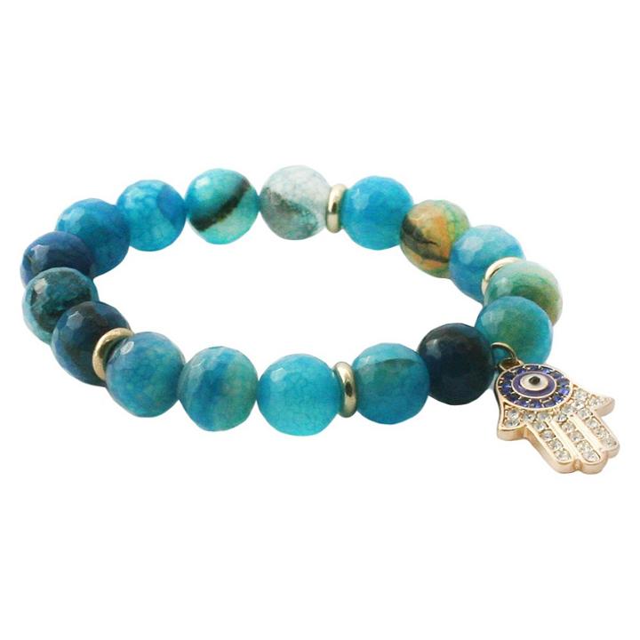Women's Zirconite Eye Hamsa Charm Faceted Colored Stones Stretch Bracelet-blue, Blue