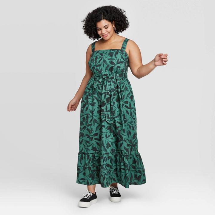 Women's Plus Size Floral Print Sleeveless Ruffle Hem Dress - A New Day Teal 1x, Women's, Size: