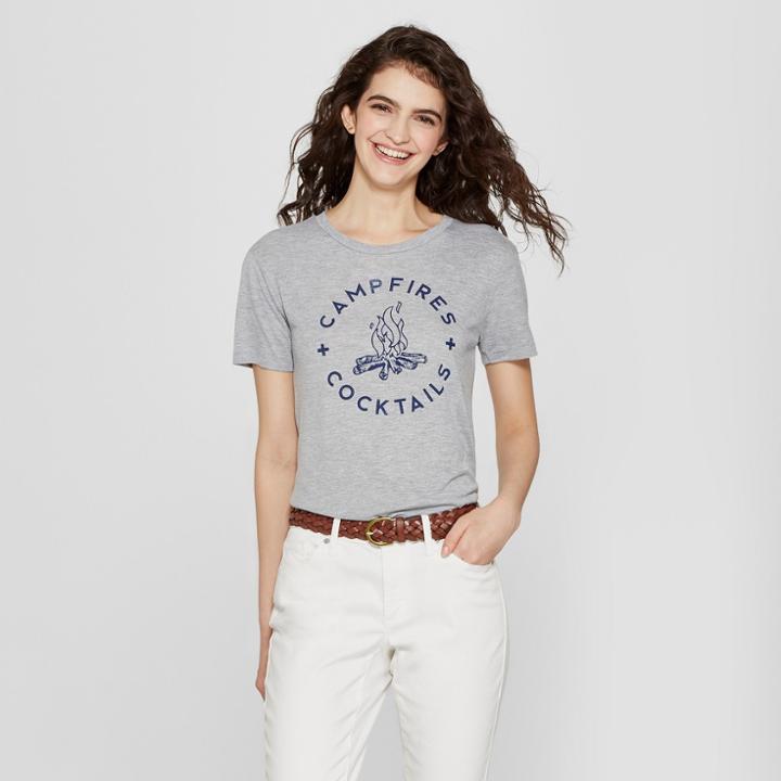 Petitewomen's Short Sleeve Campfires & Cocktails Graphic T-shirt - Awake Heather Gray