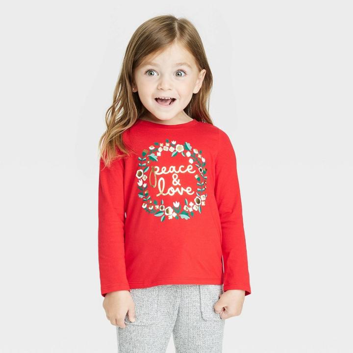 Toddler Girls' Wreath Long Sleeve Shirt - Cat & Jack Coral Red