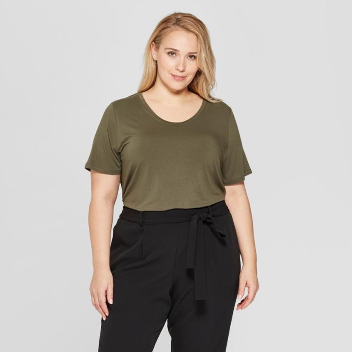 Women's Plus Size Short Sleeve Scoop Neck Relaxed T-shirt - Ava & Viv Olive (green)