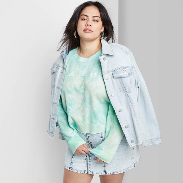 Women's Plus Size Long Sleeve Round Neck Tie Dye Thermal Boxy T-shirt - Wild Fable Green/blue 1x, Women's,