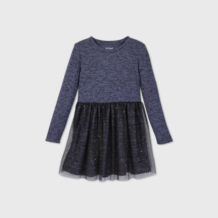 Girls' Long Sleeve Sparkle Ribbed Cozy Tulle Dress - Cat & Jack Navy