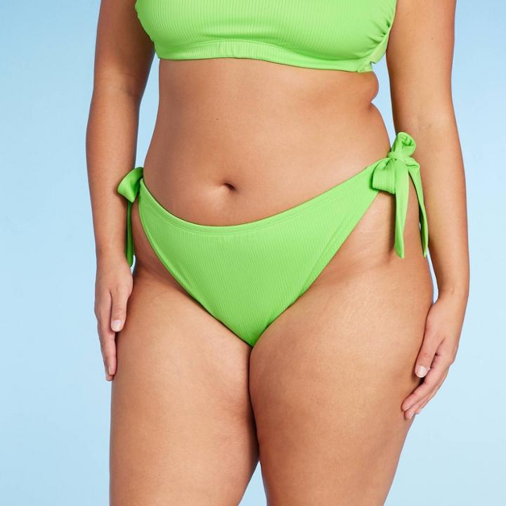 Women's Ribbed Side-tie Scoop Front High Leg Cheeky Bikini Bottom - Wild Fable Green
