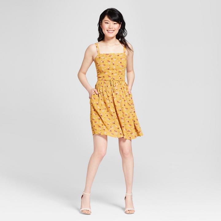 Women's Floral Print Strappy Apron Front Fit And Flare Sundress- Xhilaration Mustard (yellow)/blush
