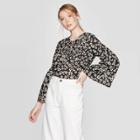 Women's Floral Print Soft Ruffle Long Sleeve V-neck Blouse - Who What Wear Black/white