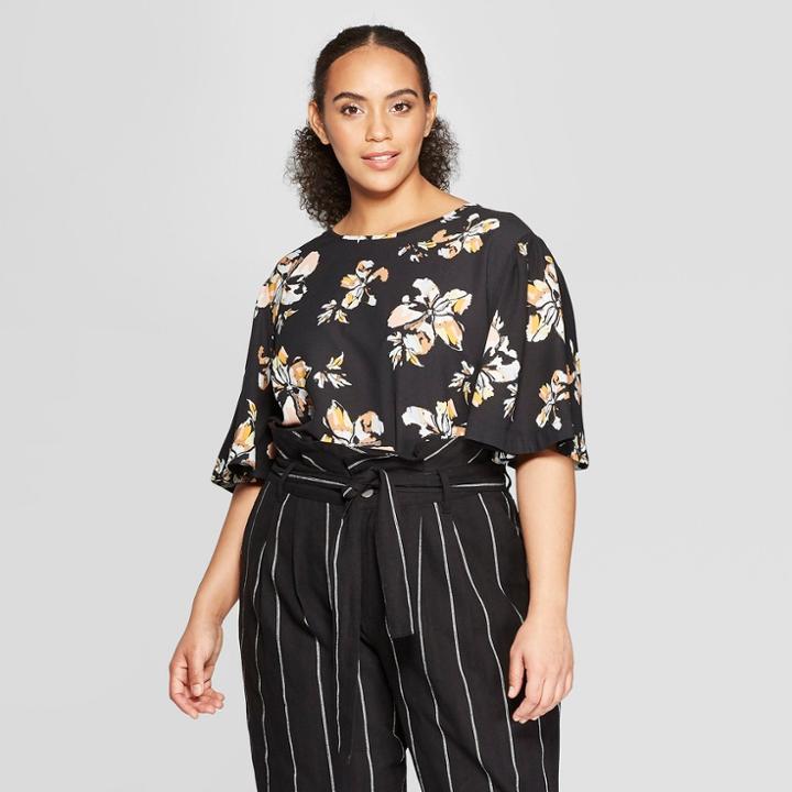 Women's Plus Size Floral Print 3/4 Sleeve Crew Neck Top - Who What Wear Black/pink X