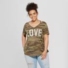 Women's Plus Size Short Sleeve Love Clavicle Strappy Graphic T-shirt - Grayson Threads (juniors') Camo Green