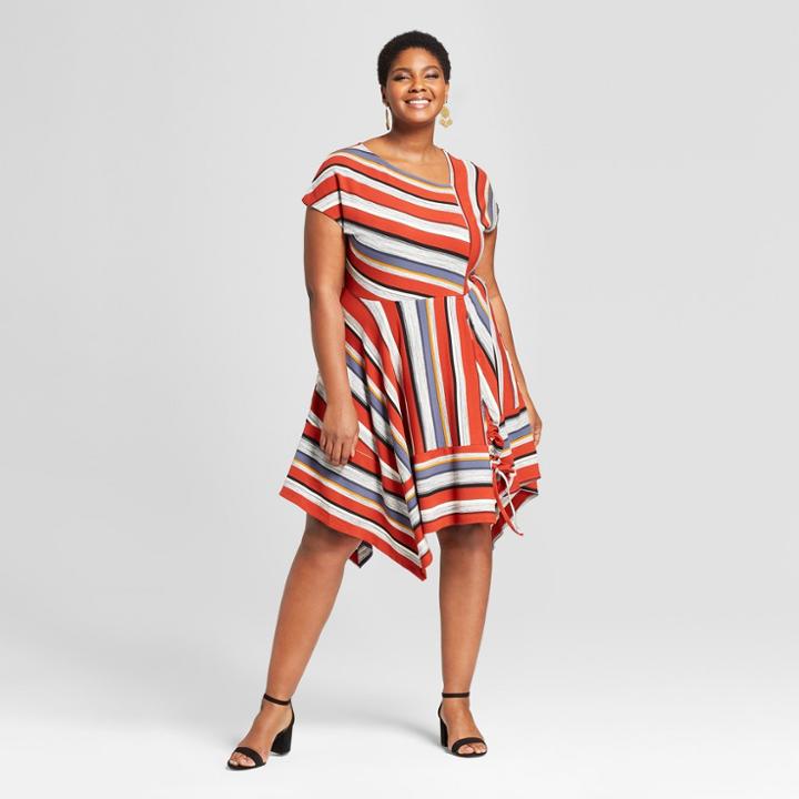 Women's Plus Size Striped Asymmetrical Knit Dress - Ava & Viv Rust