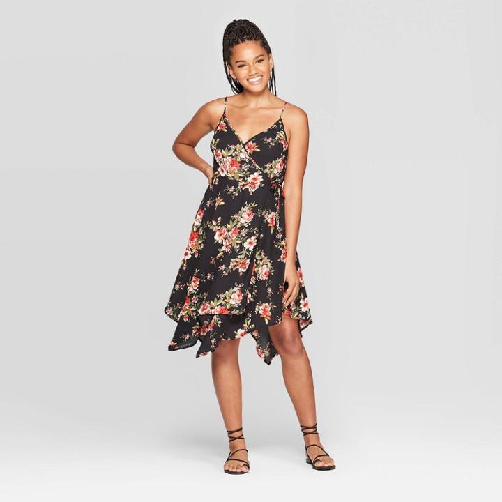 Women's Floral Print Sleeveless Deep V-neck Handkerchief Hem Wrap Mini Dress - Xhilaration Black