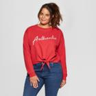 Women's Plus Size Long Sleeve Authentic Front Tie T-shirt - Freeze Red