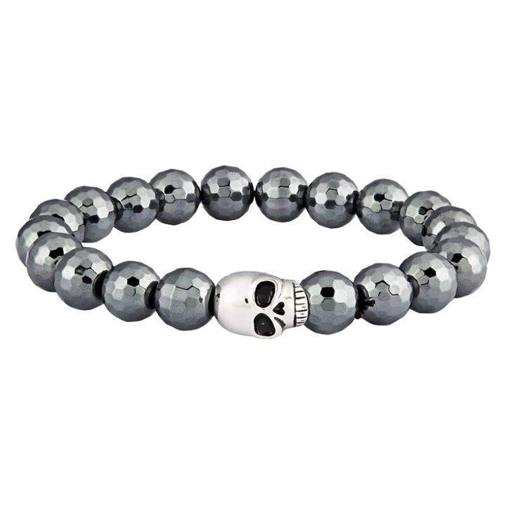 Men's Crucible Faceted Hematite Beaded Skull Stainless Steel Stretch Bracelet (8mm) - Gray