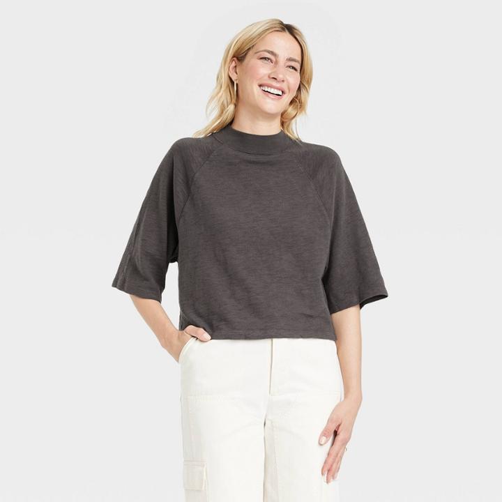 Women's Elbow Sleeve Mock Turtleneck T-shirt - Universal Thread Dark Gray