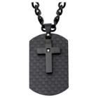 Inox Jewelry Men's Steel Art Stainless Steel Black Ip Cross Cz And Carbon Fiber Dog Tag Pendant With Chain