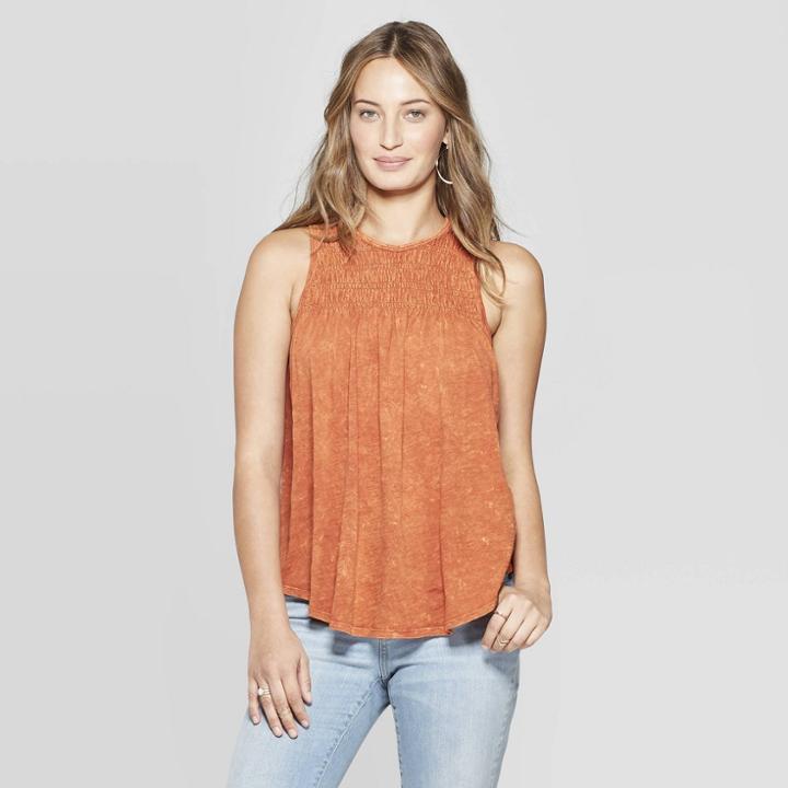 Women's Sleeveless Crewneck Smocked Tank Top - Universal Thread Orange