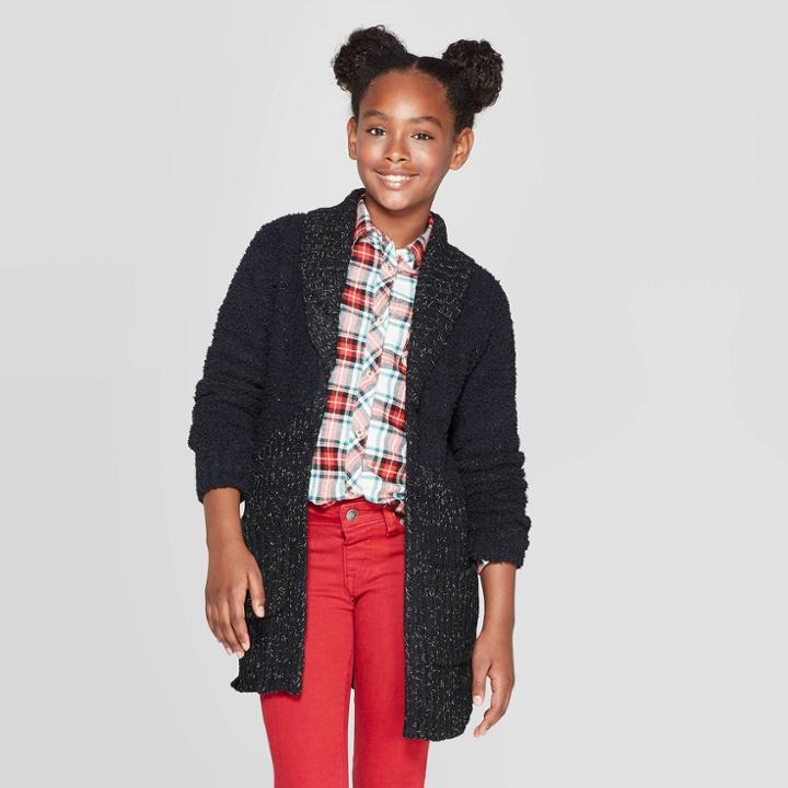 Girls' Long Sleeve Open Sherpa Cardigan - Cat & Jack Black