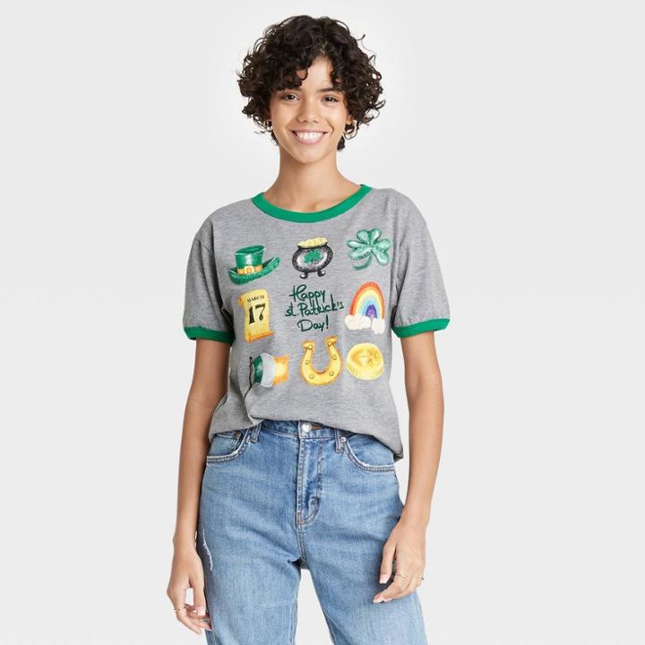Modern Lux Women's St. Patrick's Day Icons Short Sleeve Graphic T-shirt - Gray