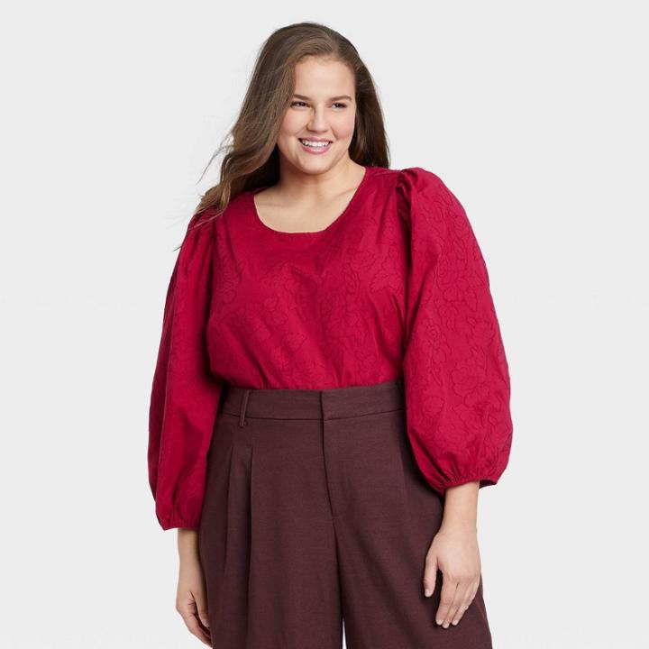 Women's Plus Size 3/4 Sleeve Jacquard Top - A New Day Dark Pink