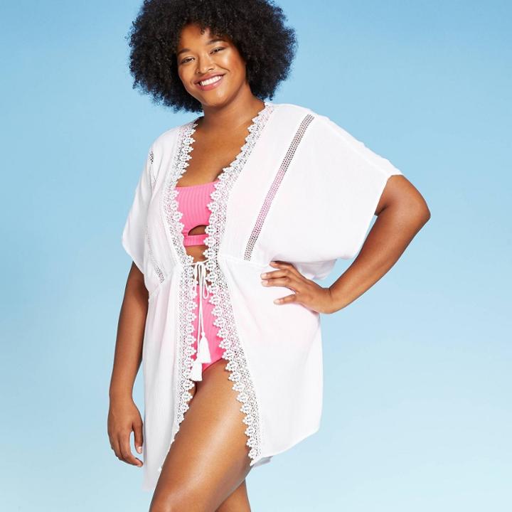 Women's Plus Size Trimmed Tie Front Cover Up - Cover 2 Cover White 1x, Women's,