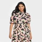Women's Plus Size Floral Print Puff Elbow Sleeve Ruffle Detail Top - Who What Wear Pink