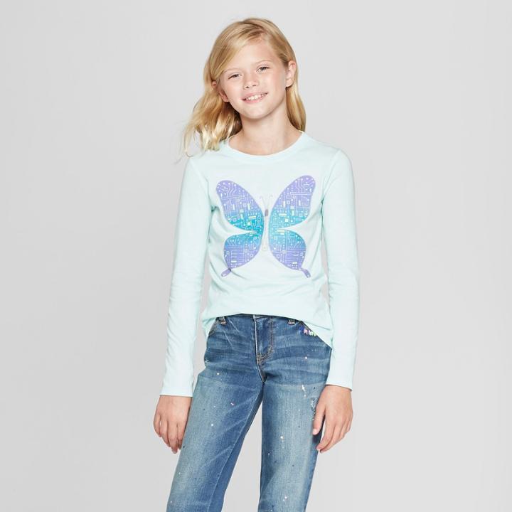 Girls' Butterfly Graphic Long Sleeve T-shirt - Cat & Jack Aqua