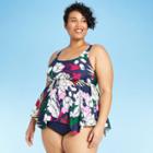 Women's Plus Size Handkerchief Open Back Tankini Top - Kona Sol Navy Tropical 18w,