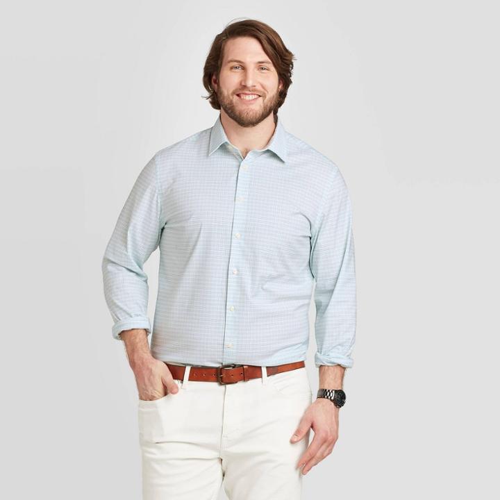 Men's Tall Checked Standard Fit Long Sleeve Button-down Dress Shirt - Goodfellow & Co Green Mt, Men's, Alpine Green