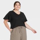 Women's Plus Size Flutter Short Sleeve Scoop Neck Linen T-shirt - A New Day Black