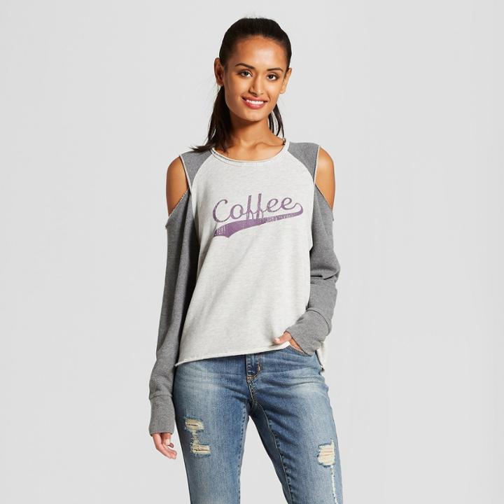 Women's Coffee Cold Shoulder Pullover Raglan Graphic Sweatshirt - Grayson Threads (juniors') Heather Gray