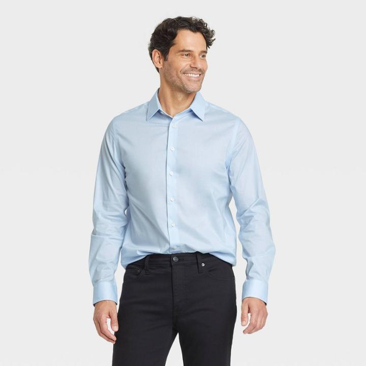 Men's Standard Fit Performance Dress Long Sleeve Button-down Shirt - Goodfellow & Co Dark Blue