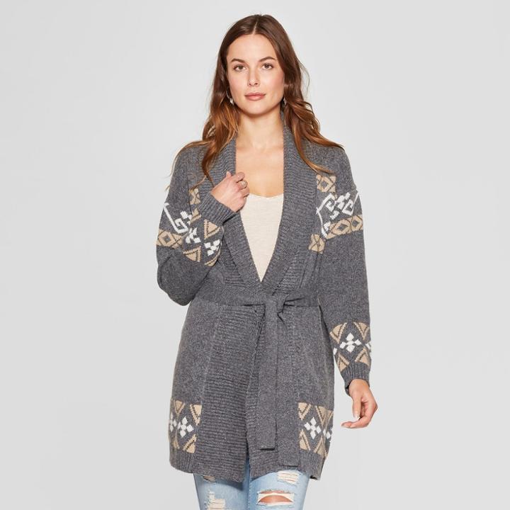 Women's Long Sleeve Jacquard Belted Cardigan - Knox Rose Gray