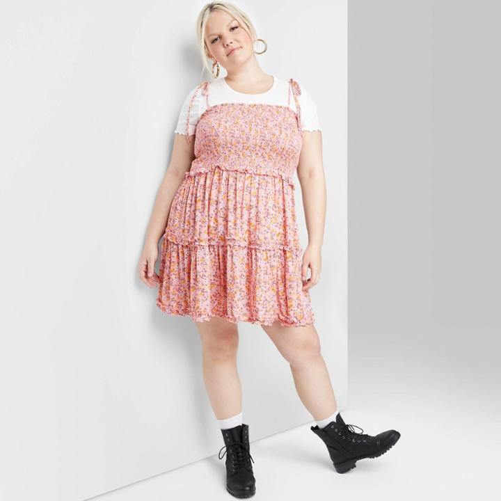 Women's Plus Size Floral Print Short Sleeve Smocked Tiered Dress - Wild Fable Coral 1x, Women's, Size: