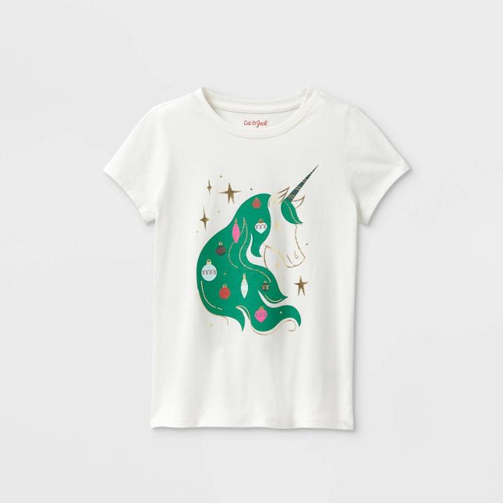 Girls' 'christmas Unicorn' Short Sleeve Graphic T-shirt - Cat & Jack Light Cream Xs,