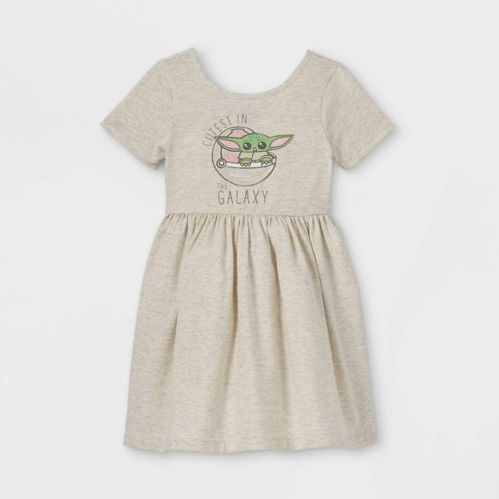 Toddler Girls' Star Wars Baby Yoda Short Sleeve Jersey Knit Dress - Beige