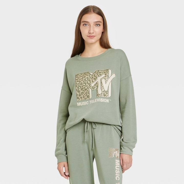 Women's Mtv Leopard Print Logo Graphic Sweatshirt - Green